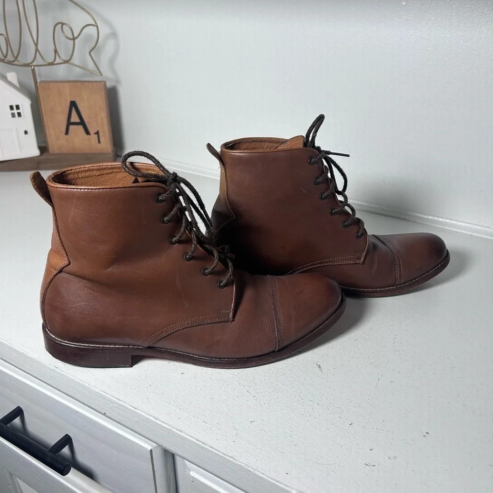 Penny Luck Mens 9 Brown Leather Cap Toe Boots Lace Up Ankle Dress Casual Classic